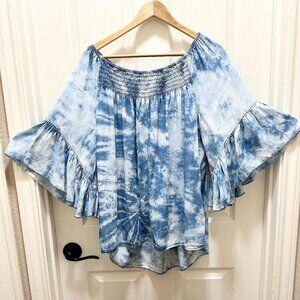 Cato Women's Tie Dye Tunic Top Size L Blue Bell Sleeve Relax Fit Boho Coastal